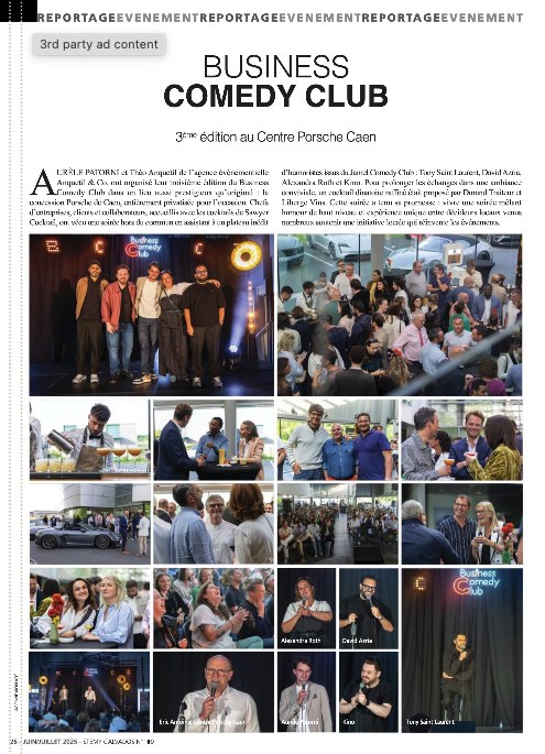 Page de magazine consacrée à la troisième édition du Business Comedy Club au Centre Porsche Caen